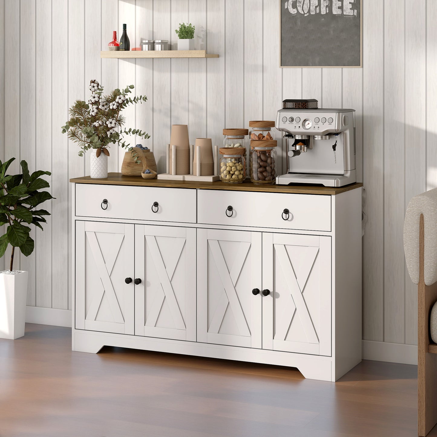 Farmhouse Kitchen Storage Sideboard with Barn Doors - White