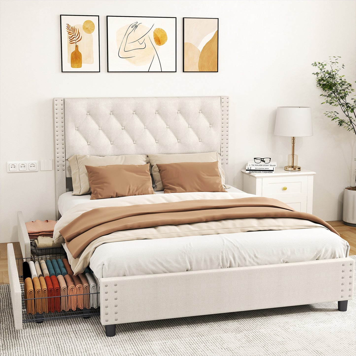 Queen Size Bed Frame With Headboard Wood Slat Support Platform