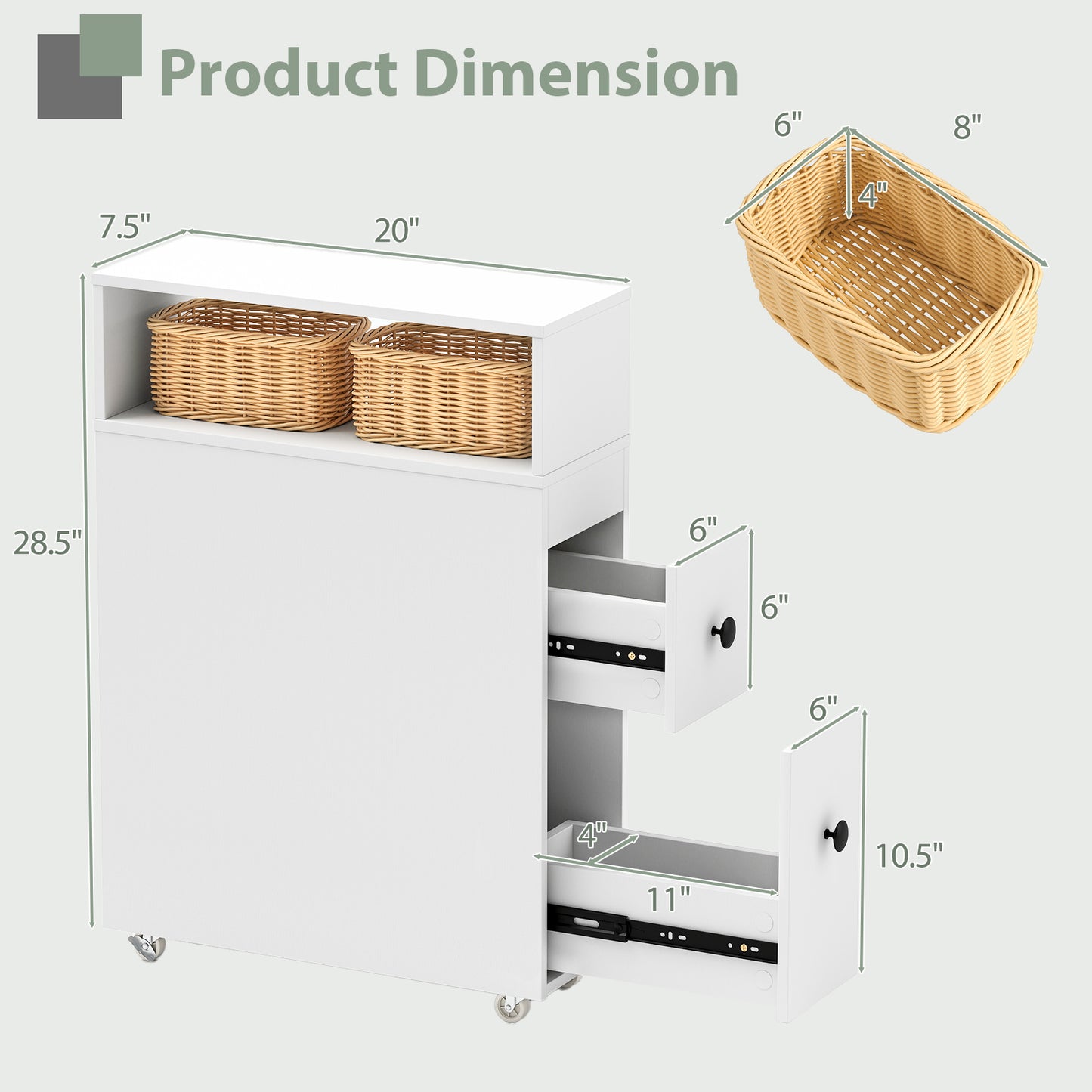 Slim Wooden Bathroom Cabinet with Deep Slide-Out Drawers