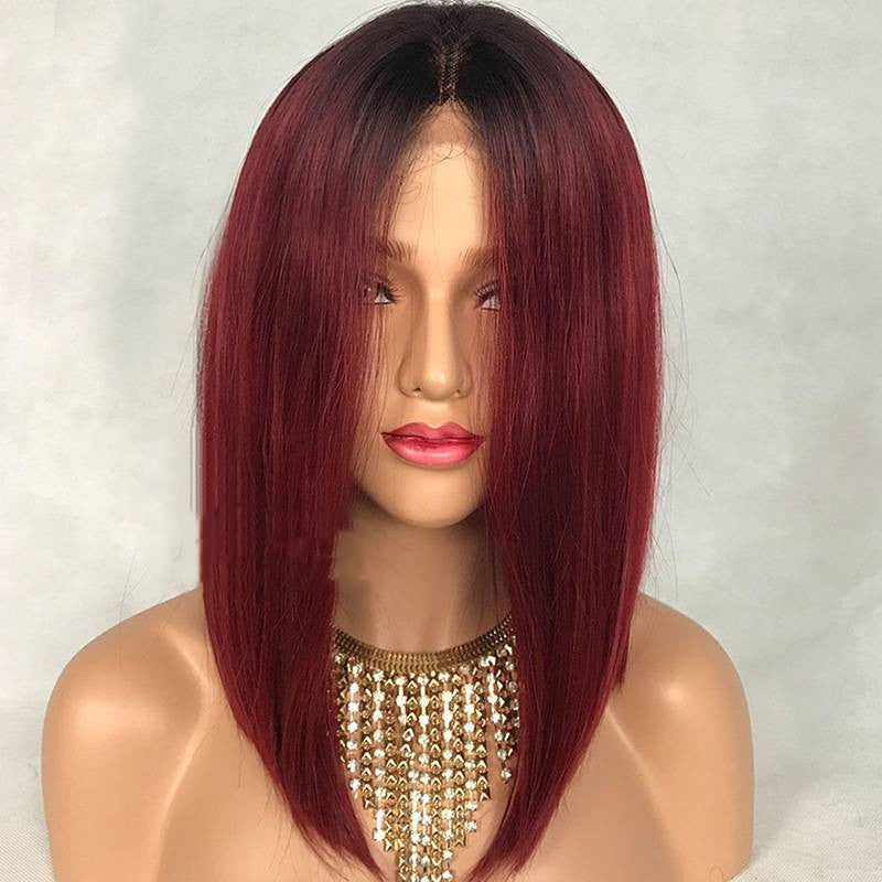Red Water Wave Peruvian Human Hair Lace Front Wig 16 Inch Short Style