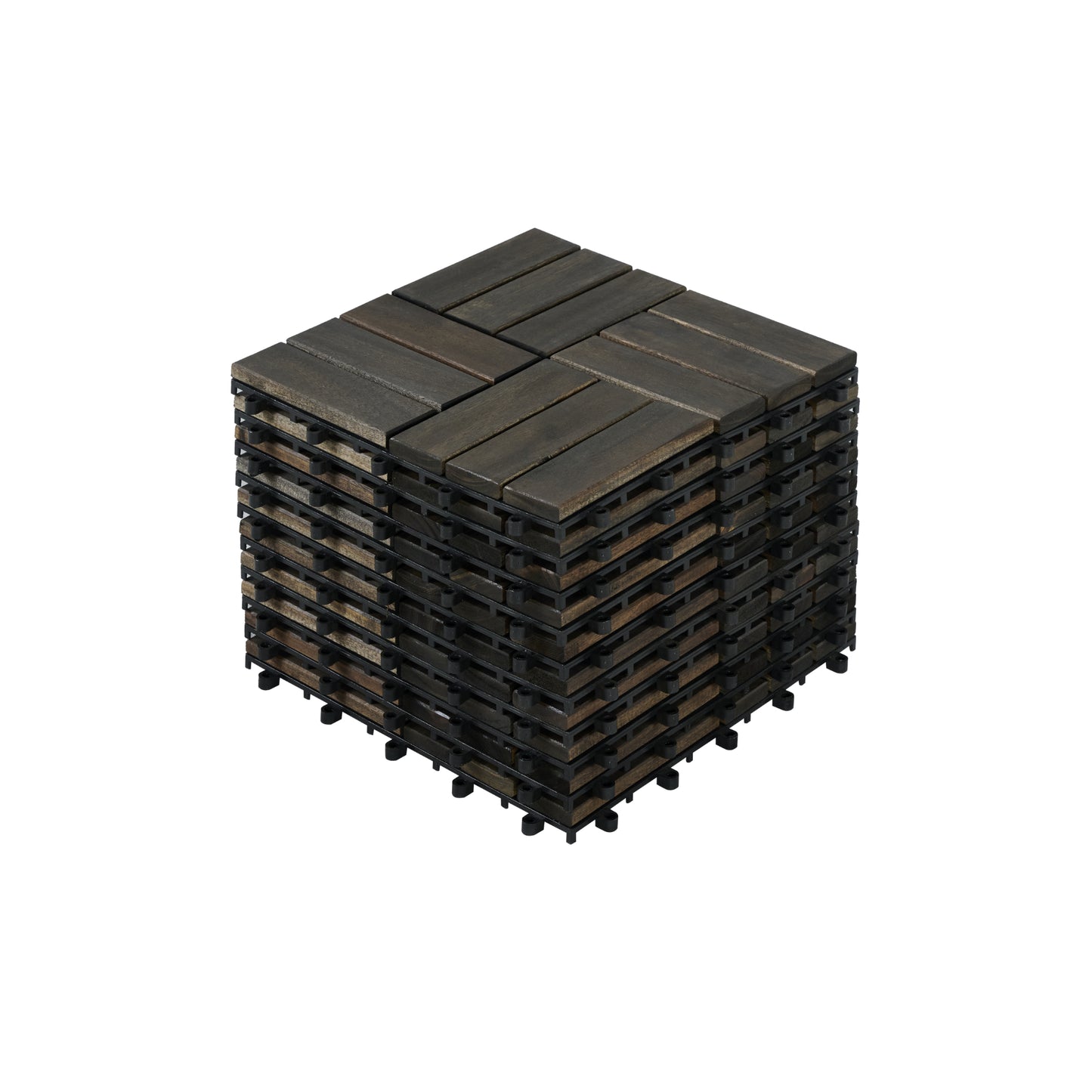 Outdoor Interlocking Deck Tiles - 10-Pack Acacia Wood Square Flooring for Patio & Poolside, Waterproof & Anti-Mildew, Dark Brown