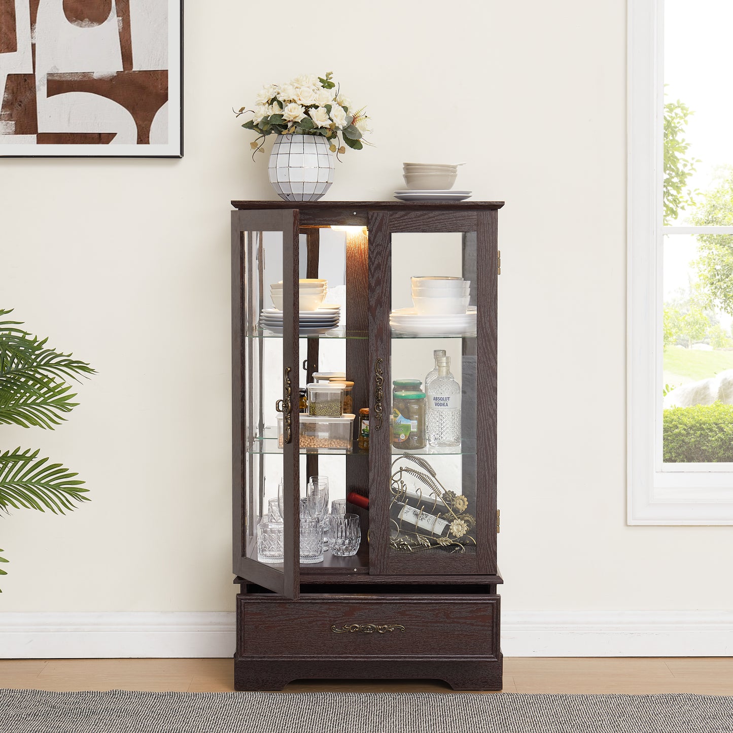 Lighted Glass Curio Cabinet with Adjustable Shelves & Drawer - Cherry
