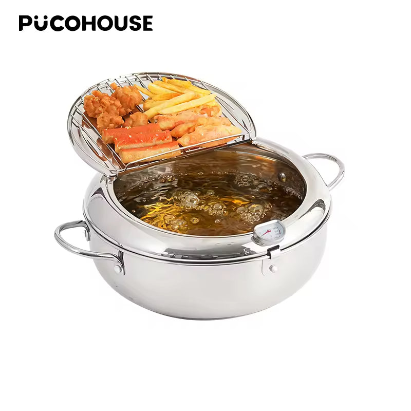 Japanese Style Tempura Deep Fryer - Stainless Steel with Thermometer