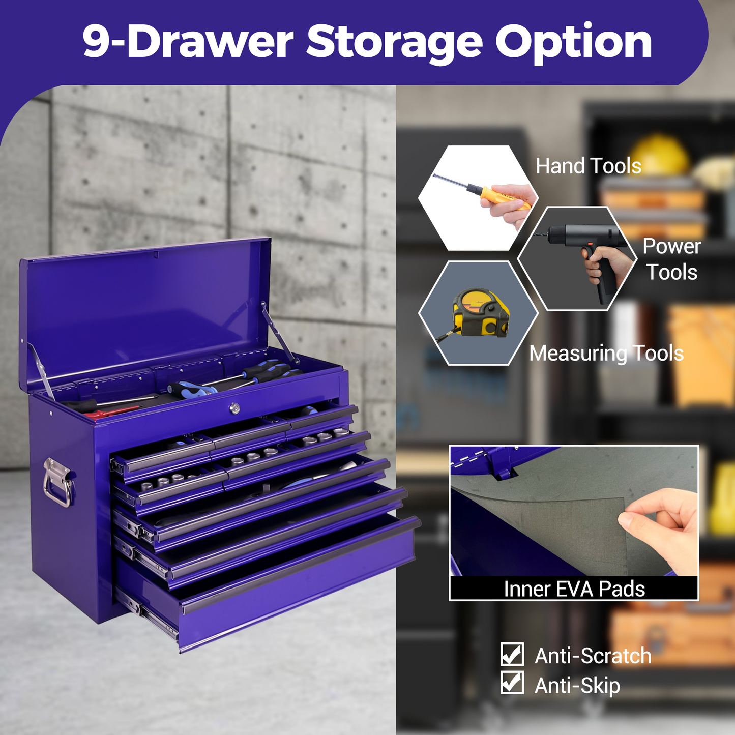 Purple Heavy Duty Metal Tool Box 24-Inch with 9 Drawers & Locking System