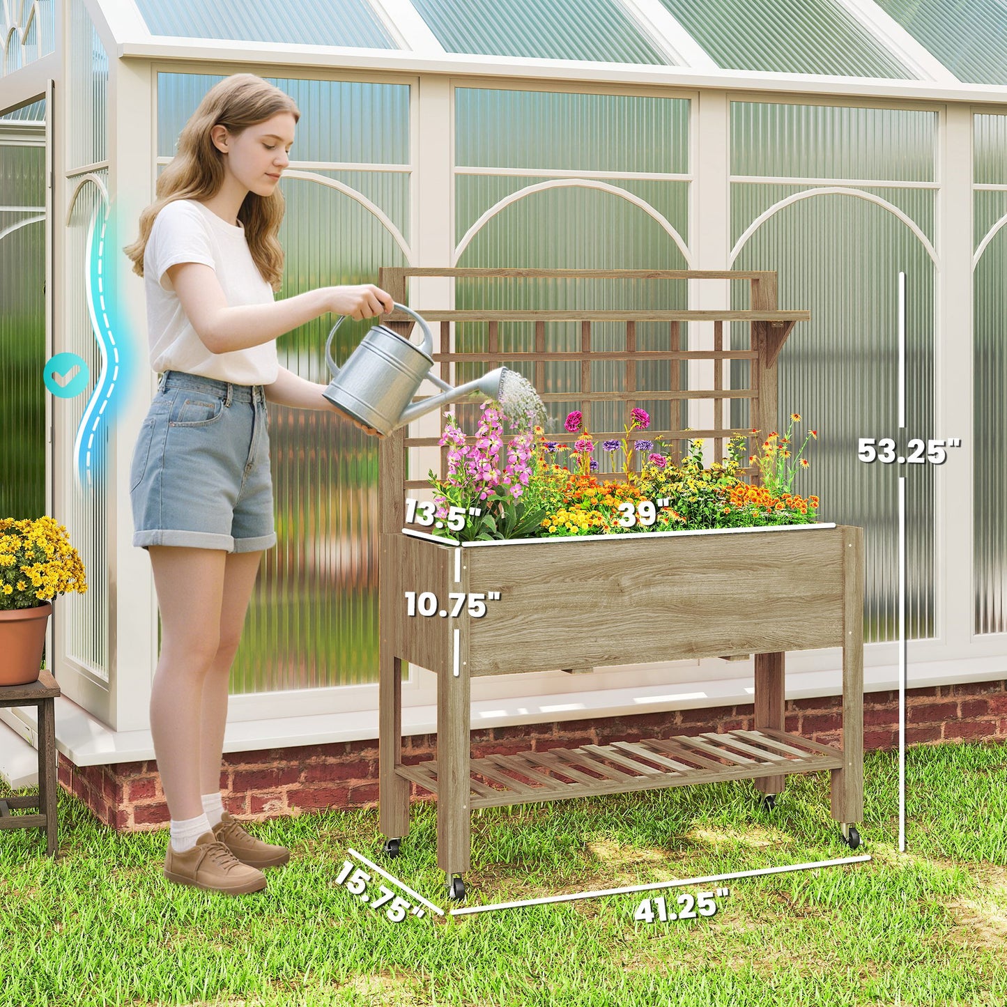 41-Inch Raised Garden Bed with Wheels, Wooden Planter Box, Trellis & Storage Shelf - Dark Brown