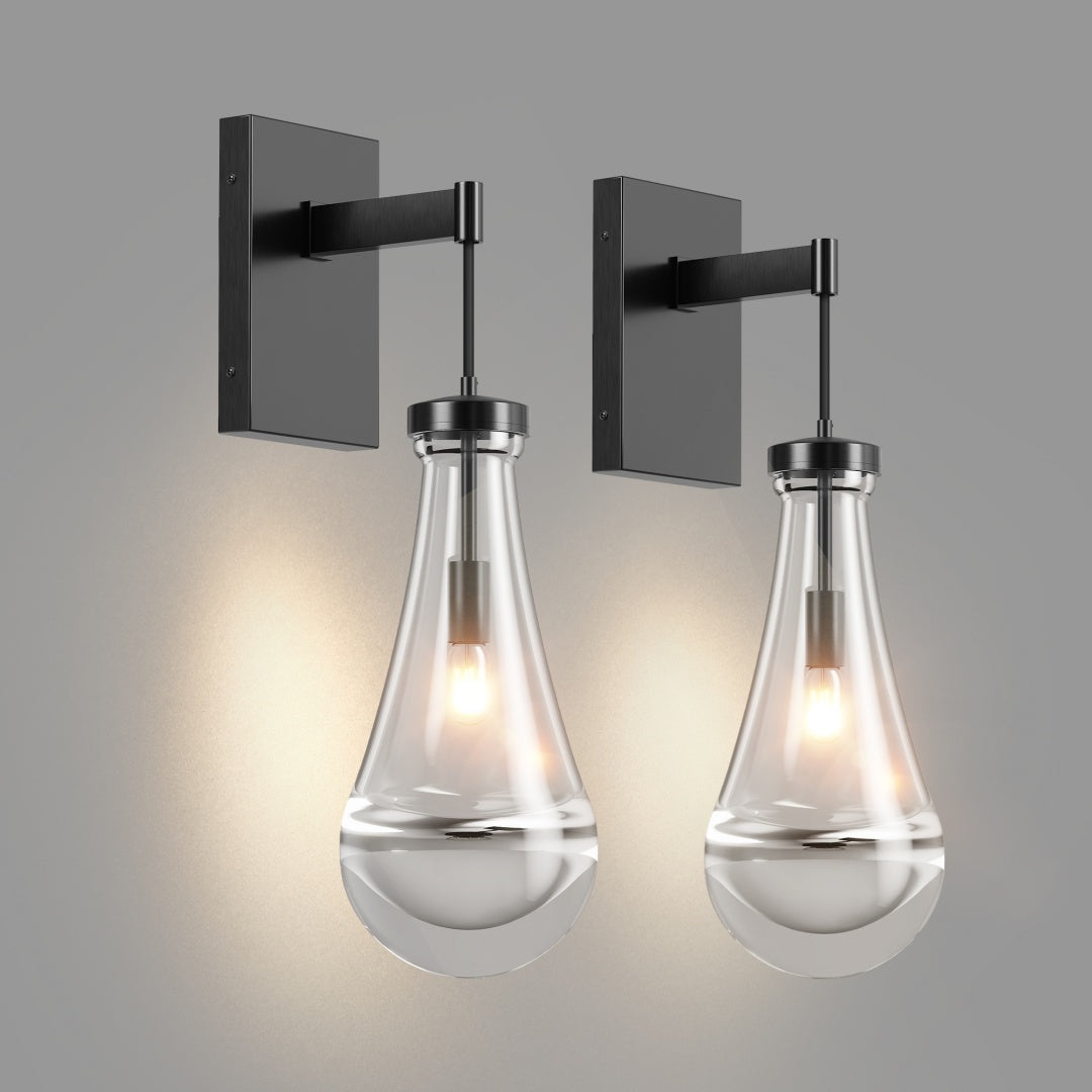 Modern Black Wall Sconces with Raindrop Glass Shade - 2 Pack