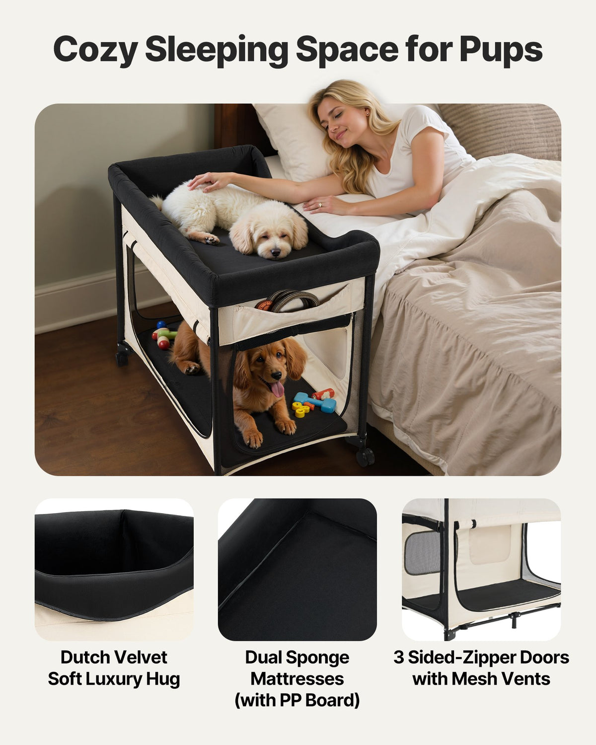 Elevated Foldable Dog Bed with Wheels & Storage - XL Beige Pet Bed