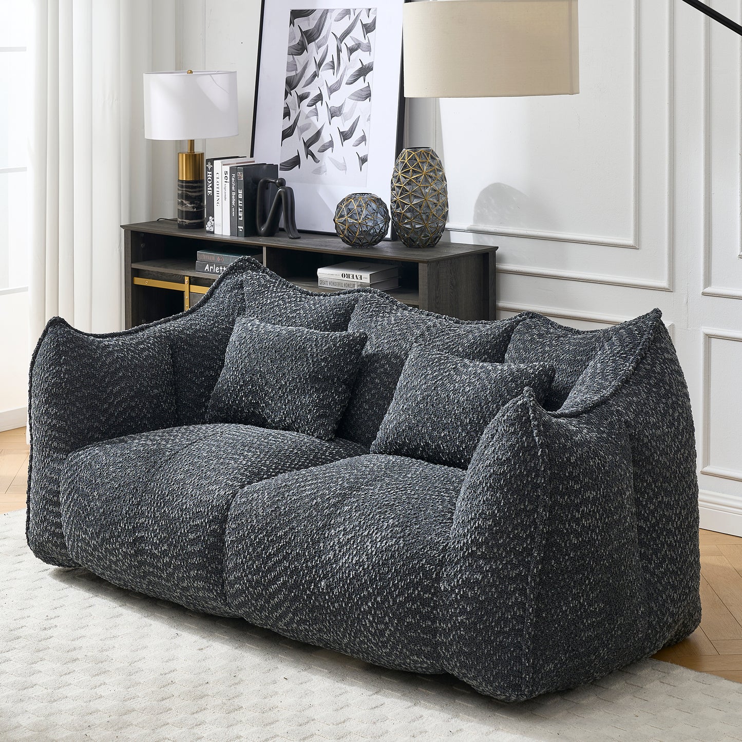 Comfortable Square Beanbag Chair for Two - Black Chenille