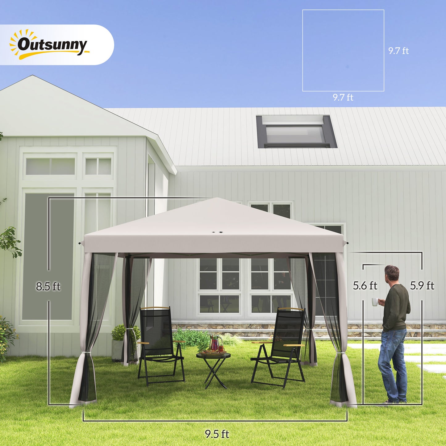 10x10 Pop Up Canopy Tent with Netting - Beige, Adjustable Height