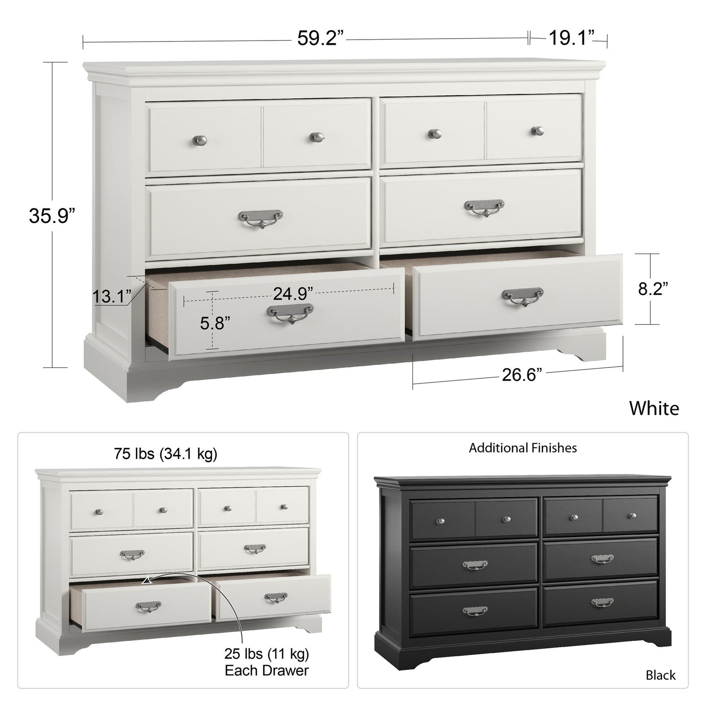 Bristol 6 Drawer Dresser - Elegant Black MDF Storage Unit