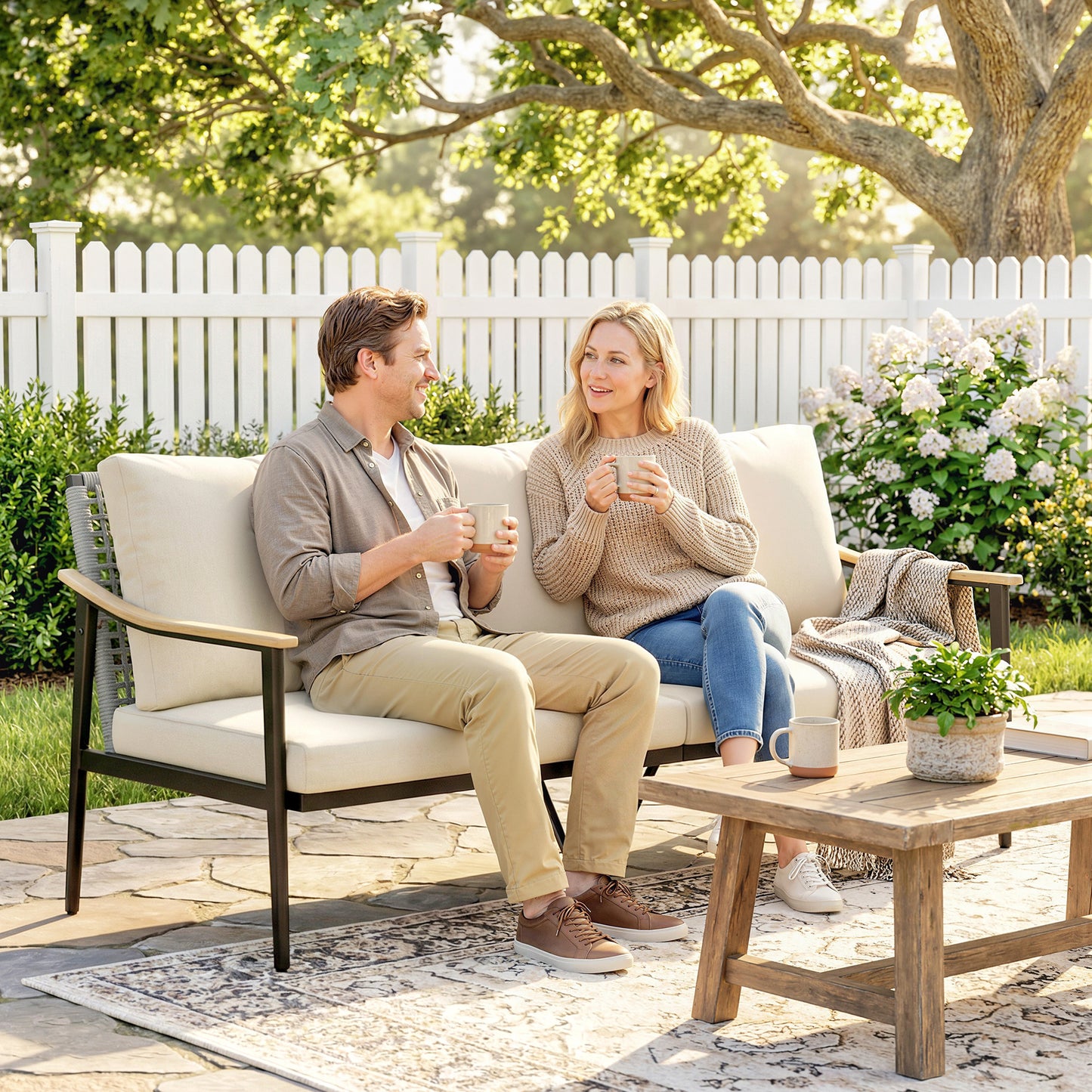 Outdoor Patio Sofa for 3 - Wicker Couch with Cushions, Khaki