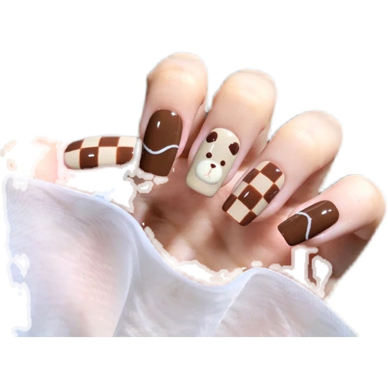 Handmade Nail Stickers Checkerboard Coffee Bear
