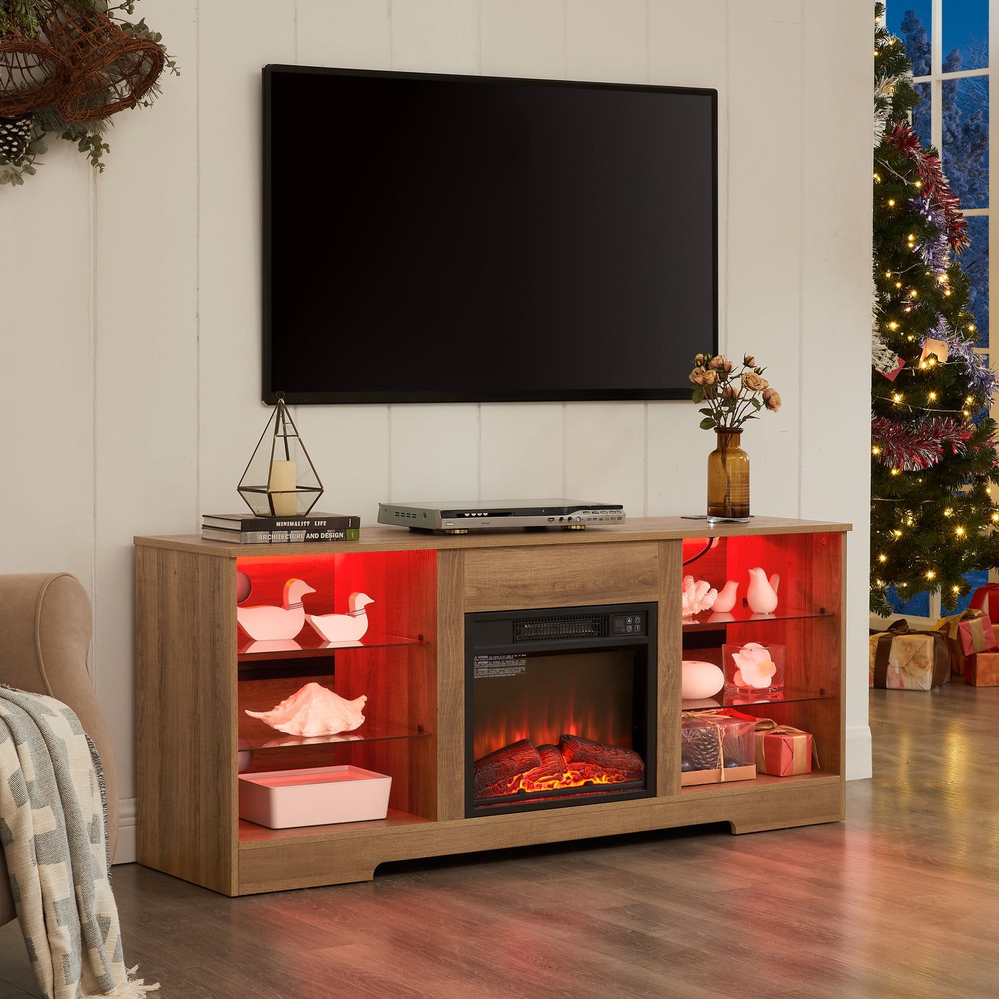 TV Stand Electric Fireplace With Glass Shelves, 3D LED Lights Wood
