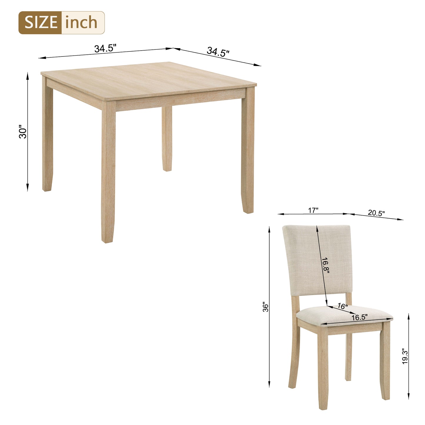 4-Person Wooden Dining Table Set with 4 Chairs - Light Oak & Beige