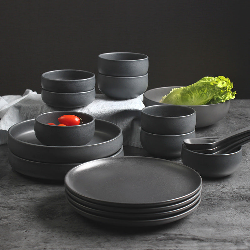 Deep Ceramic Rice & Noodle Bowl Set with Flat Plate & Shallow Platter
