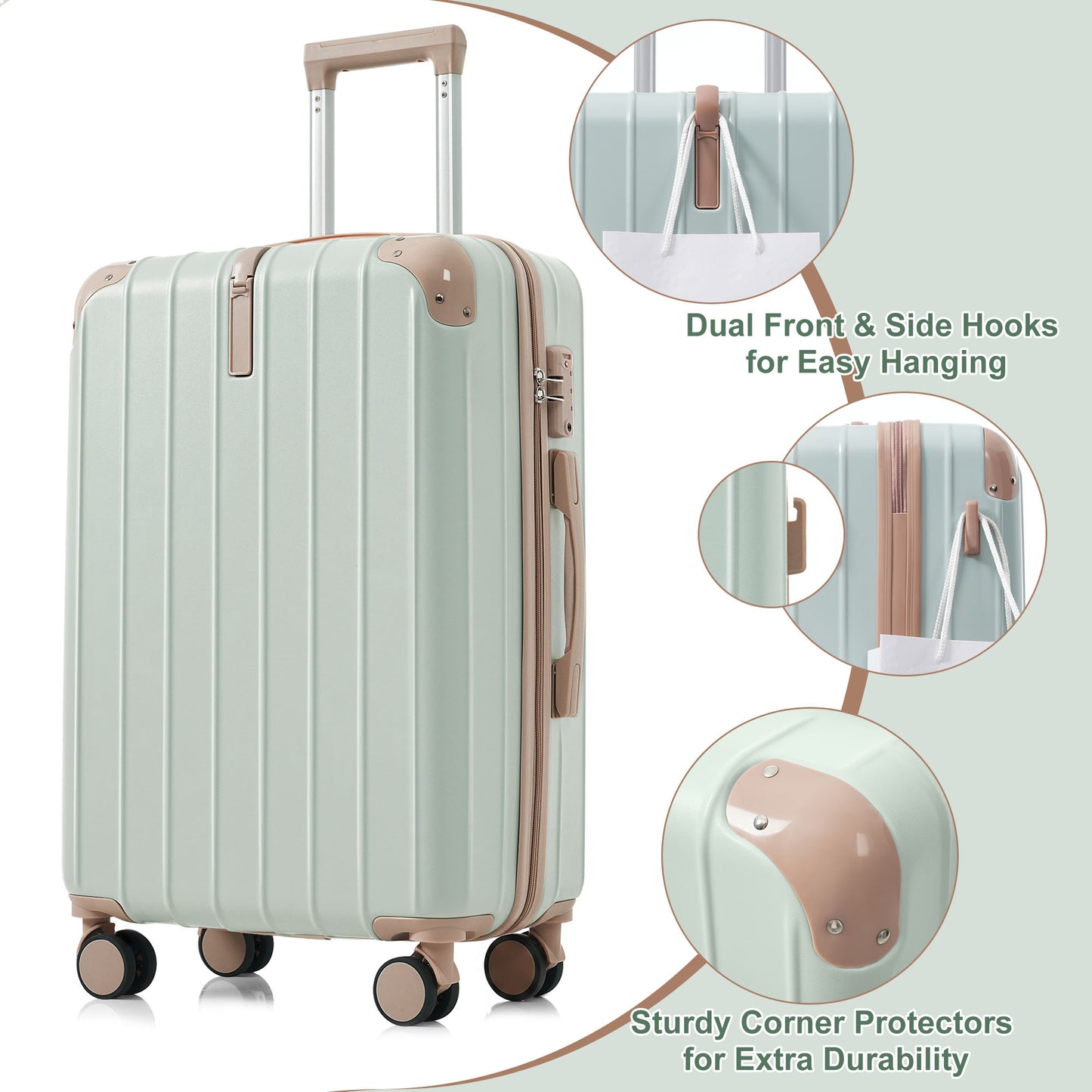 Premium ABS 3-Piece Travel Luggage Set - 20, 24, 28 Inch - Grey Green