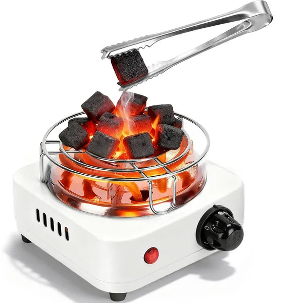 500W Charcoal Burner with Thermostat Control & Tongs - Black