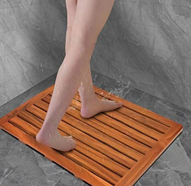 Solid Wood Waterproof Bathroom Shower Mat Non-Slip Bathtub Pedal - Brown, 61x45x3CM
