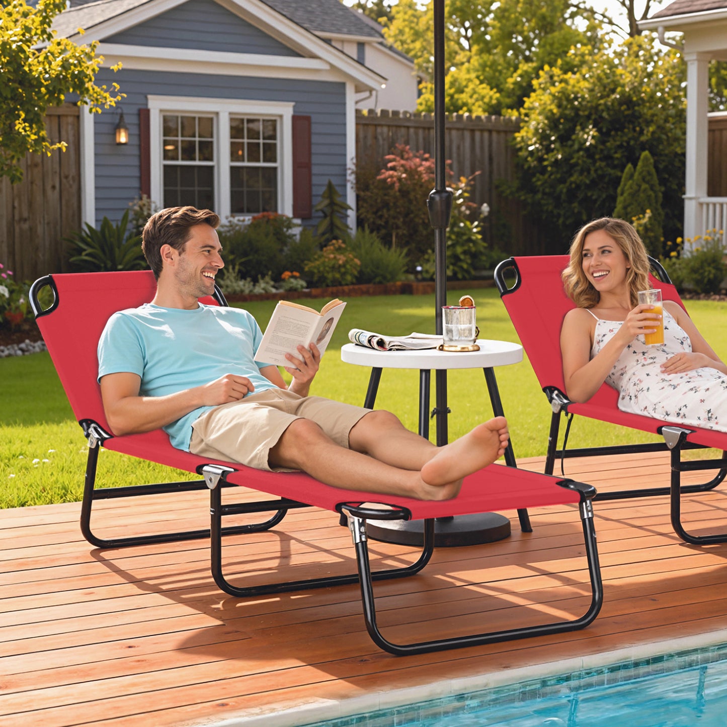 Folding Chaise Lounge Chair - 5-Level Recline, Steel Frame, Red