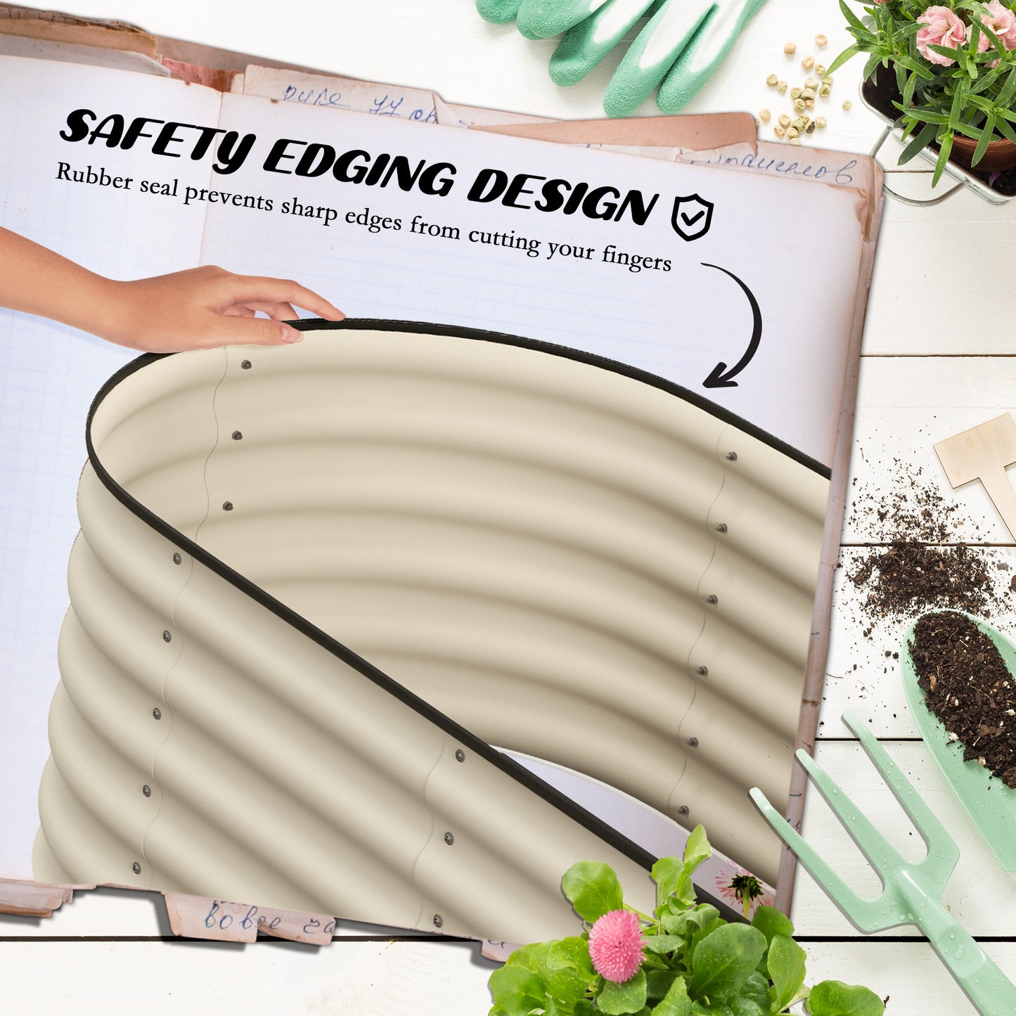 Galvanized Raised Garden Bed Kit - Metal Planter Box with Safety Edging, Cream