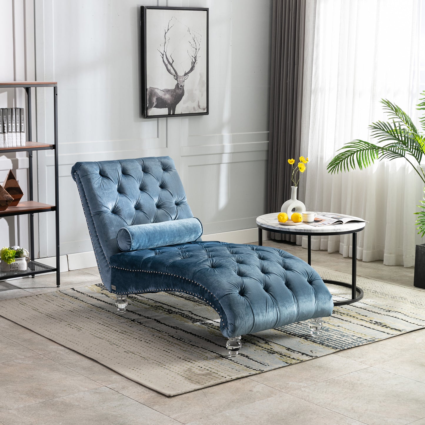 Light Blue Velvet Chaise Lounge Chair with Pillow - Indoor Use