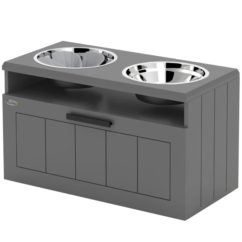 Large Elevated Dog Bowls Stand with 2 Stainless Steel Bowls, Storage Drawer & Slow Feeder Mat