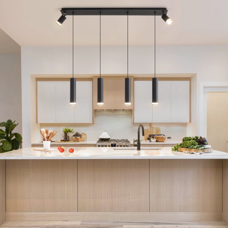 6-Light Matte Black Kitchen Island Pendant Light Fixture, Adjustable Cylinder Design