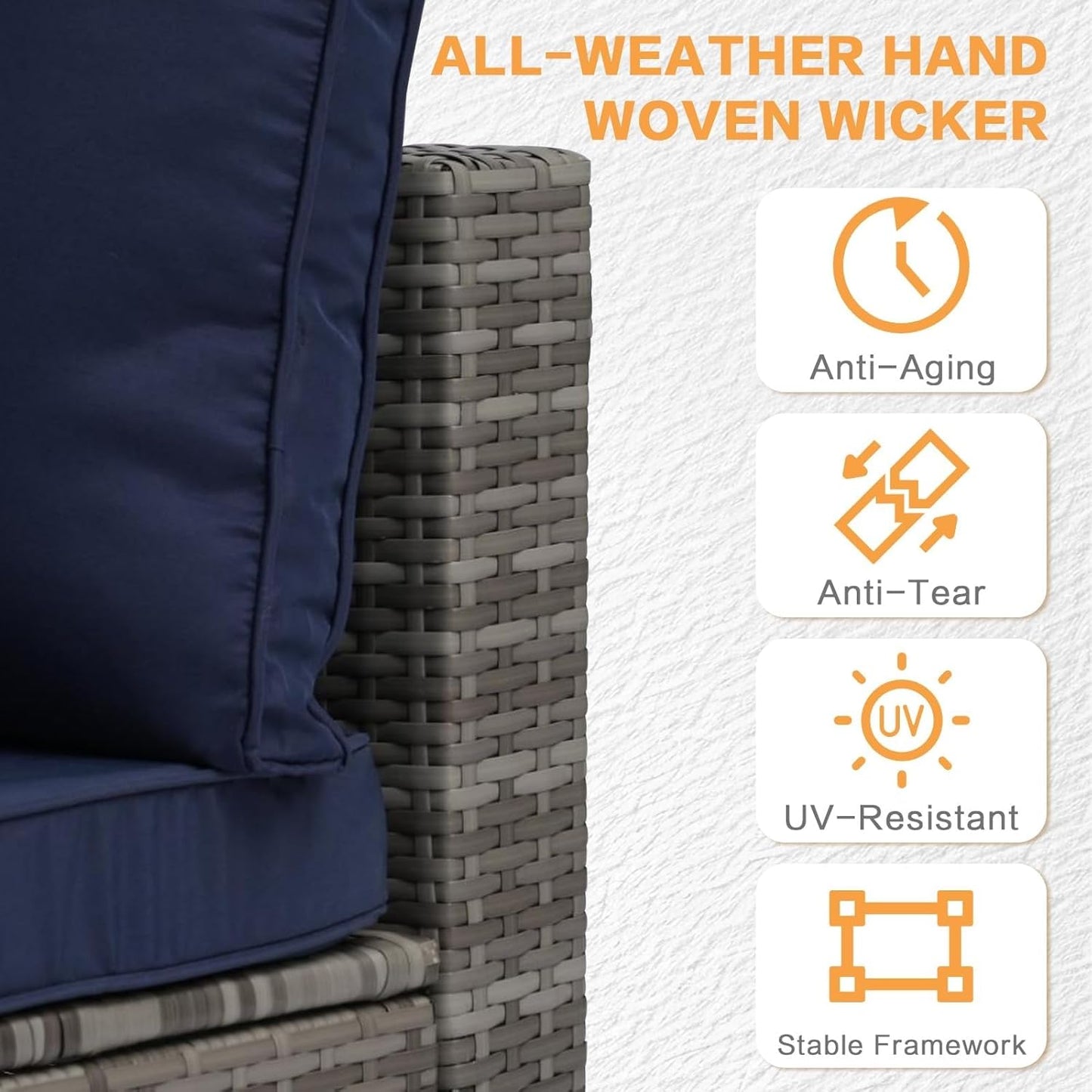 7-Piece All-Weather Wicker Patio Sofa Set with Cushions - Grey-Blue