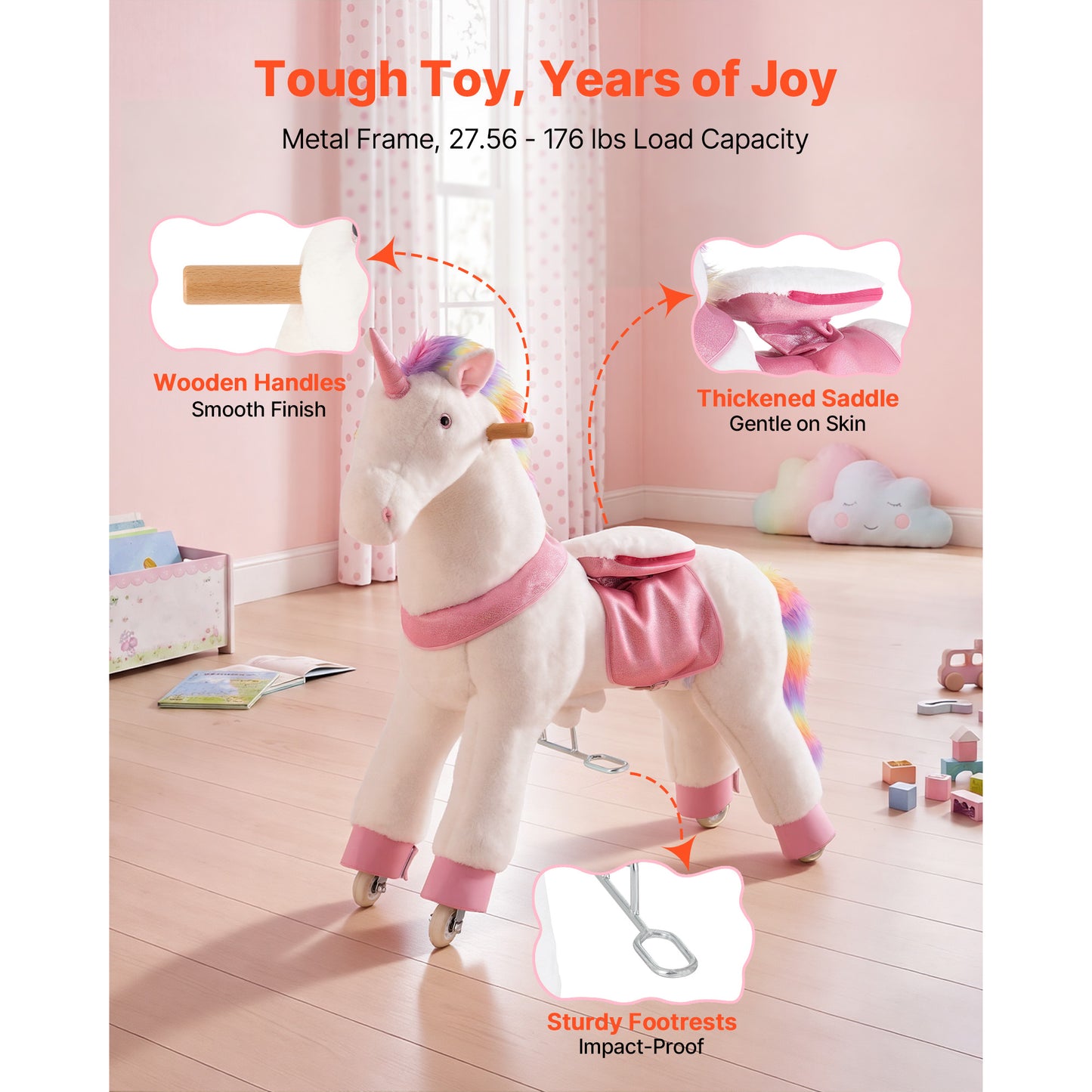Ride-On Unicorn Horse Toy for Kids - No Battery, Sturdy Pedals & Smooth Wheels