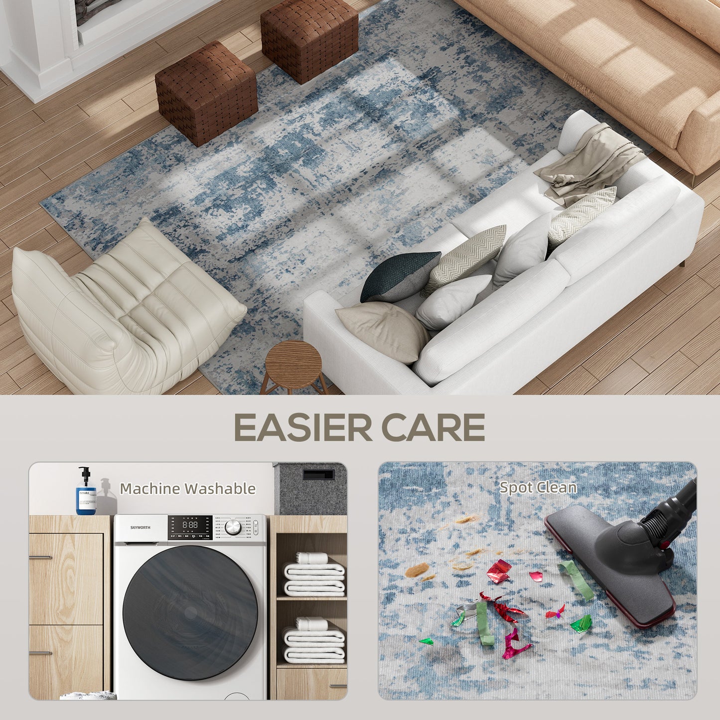 Machine Washable Blue Area Rug 8x10 - Non-Slip Modern Carpet