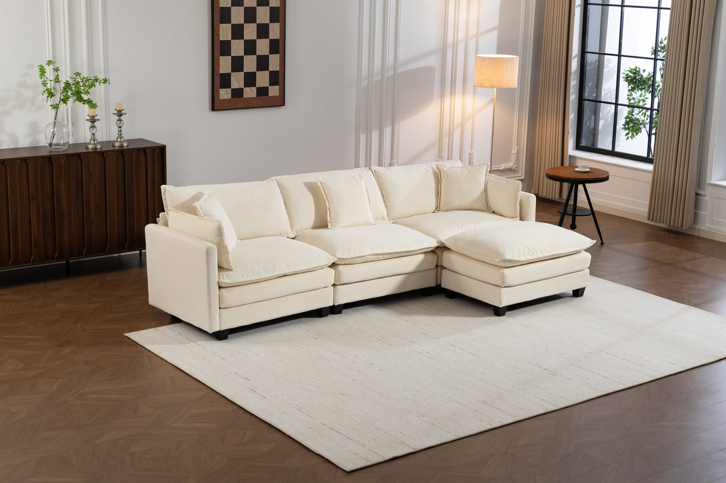 Modern 3-Seat Sectional Sofa with Ottoman - Antique White