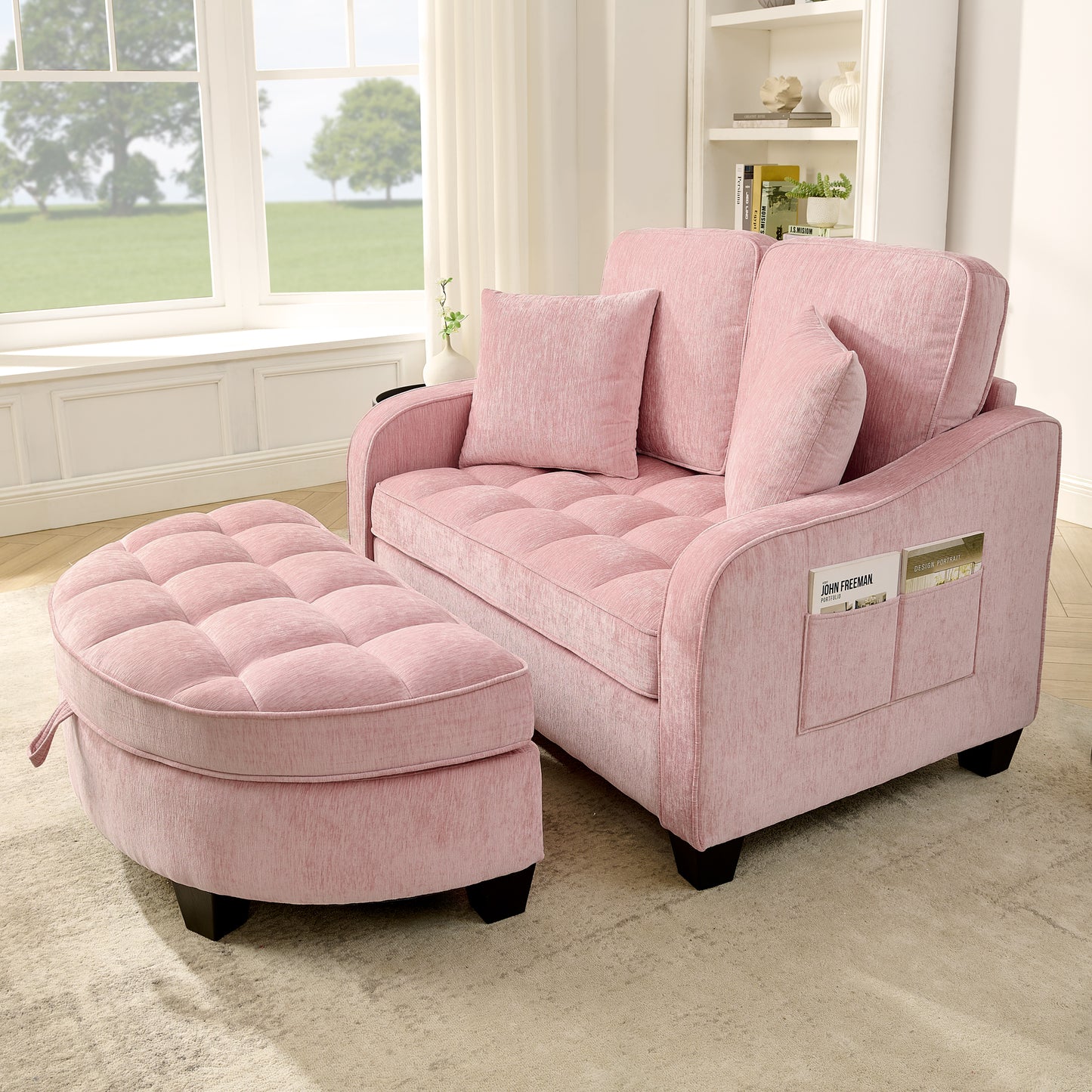 Pink Two-Seater Sofa Chaise Longue with Storage & Pillows