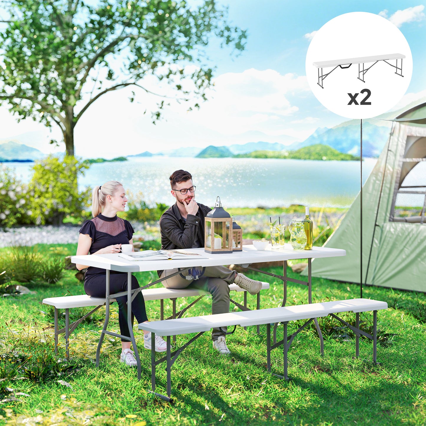6 ft Portable Folding Bench Seats - Set of 2 for Camping, White
