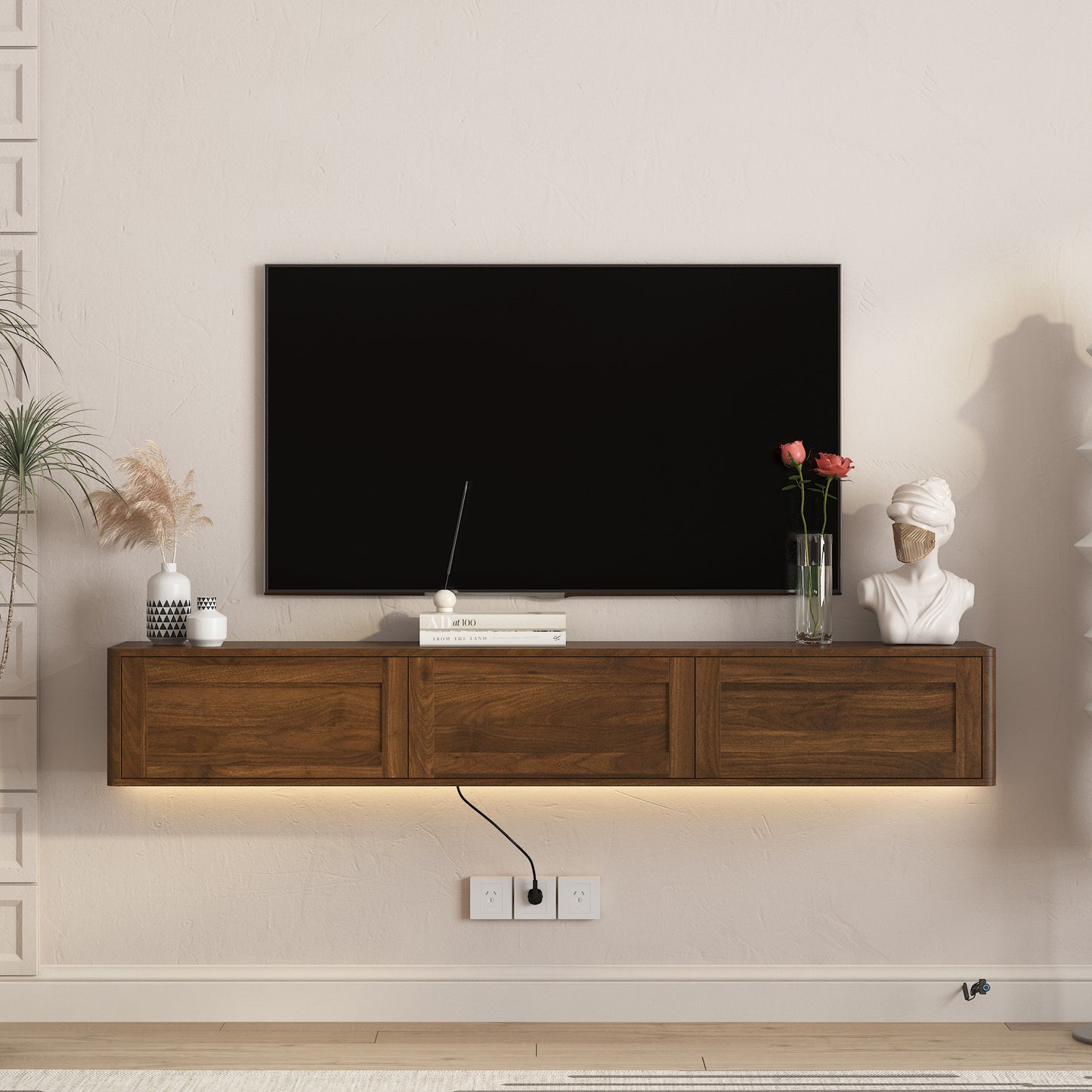 Floating TV Stand with LED Lights & Power Outlet - Wood Finish