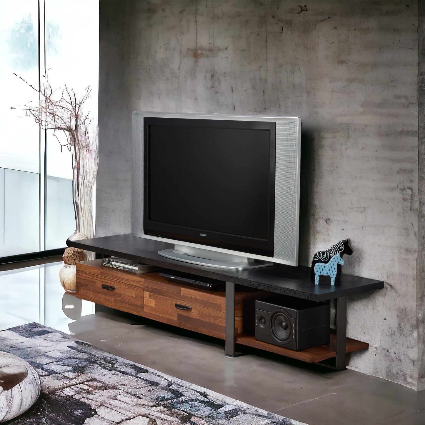 Walnut & Black Finish TV Stand for 55" Flat Screen TVs