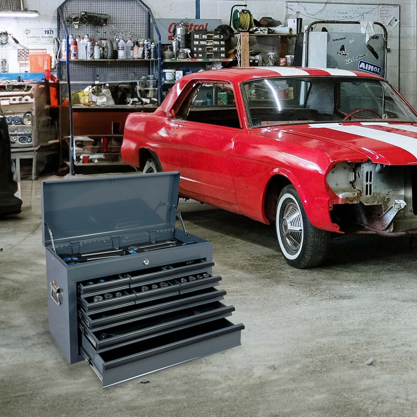 Heavy Duty Metal Tool Box 24 Inch with 9 Drawers & Locking System – Portable Steel Storage Chest