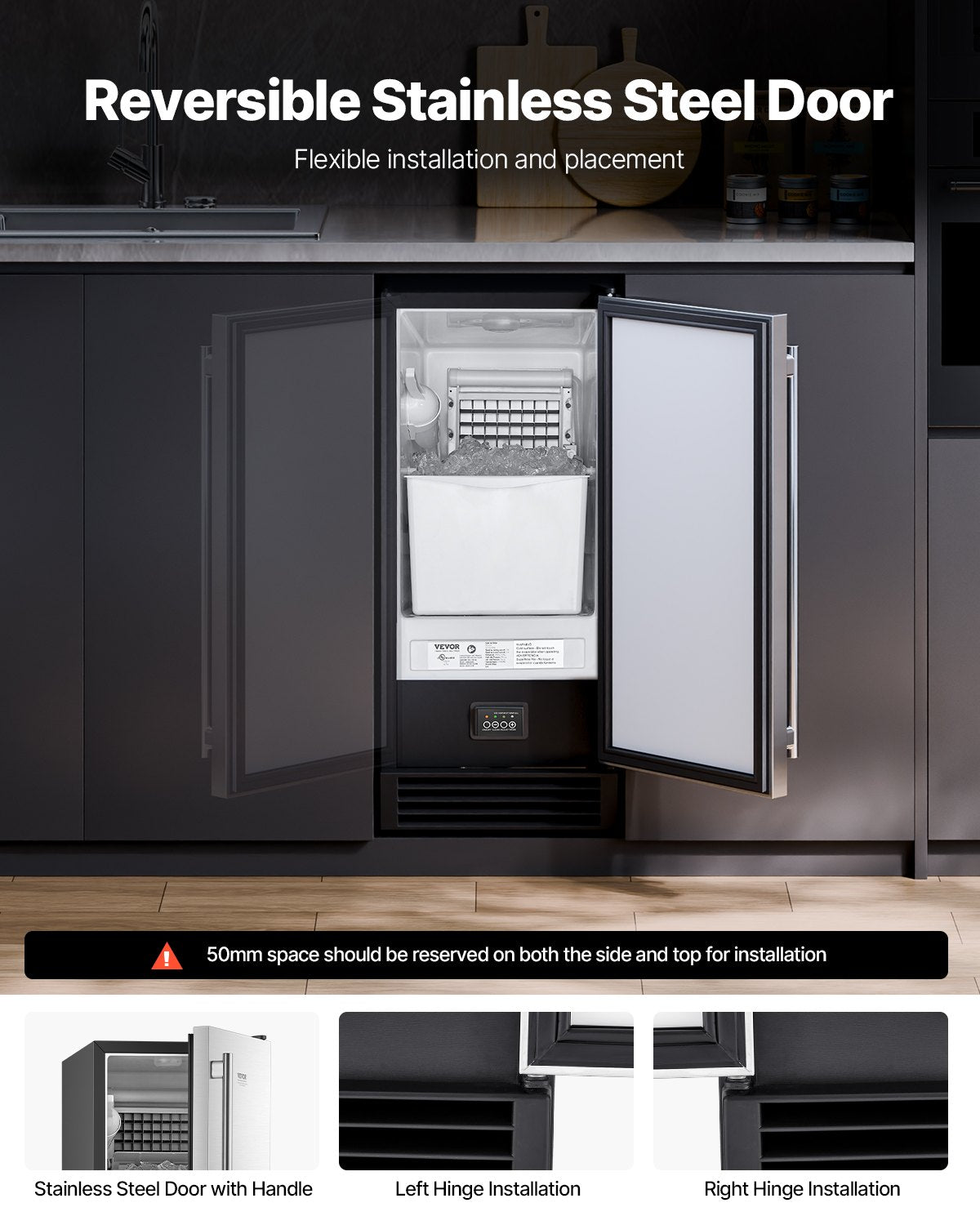 Undercounter Ice Maker Machine 50 lbs/Day with Drain Pump & Reversible Door - Silver