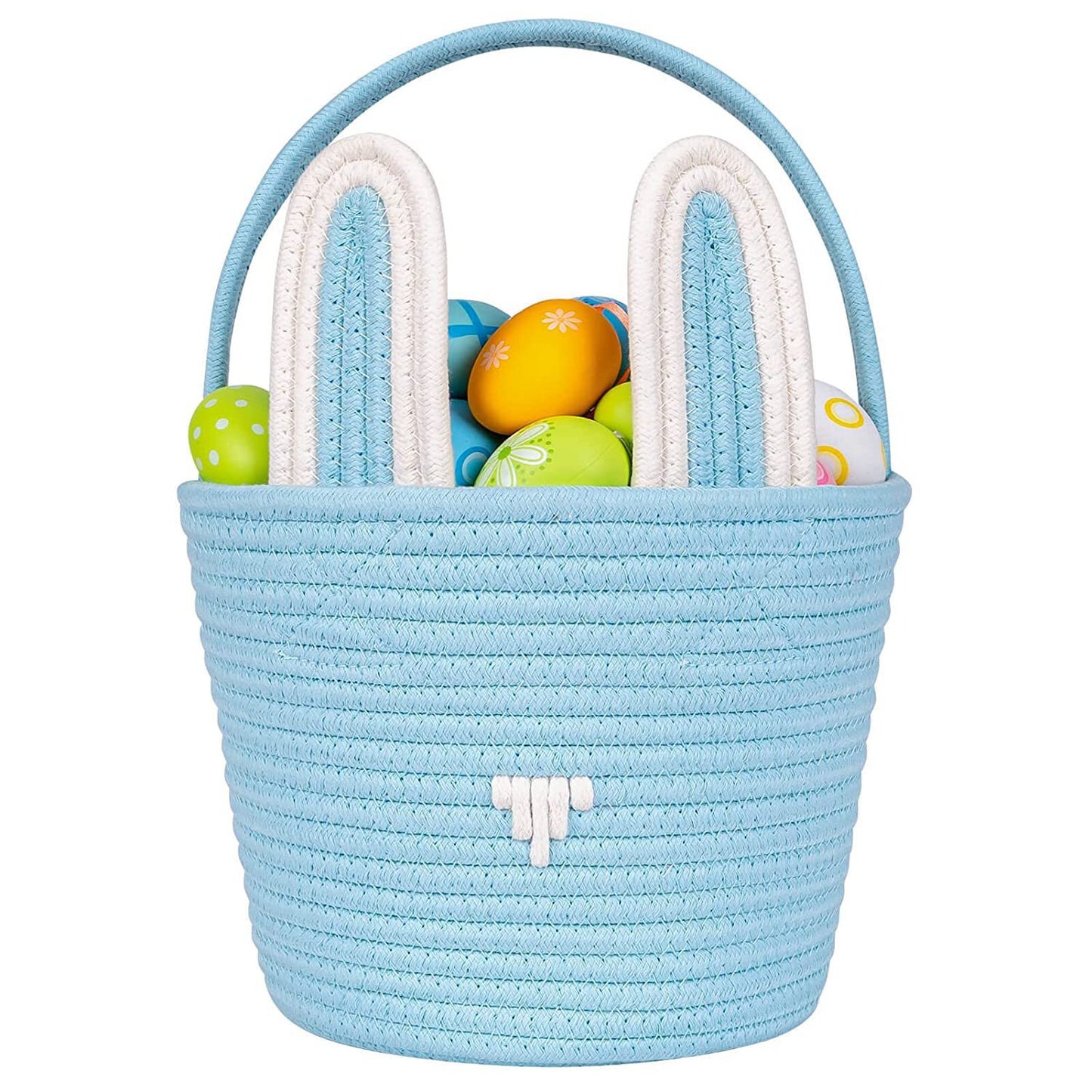 Easter Egg Handwoven Cotton Basket with Cartoon Rabbit Design – Multi-Color Storage Bag