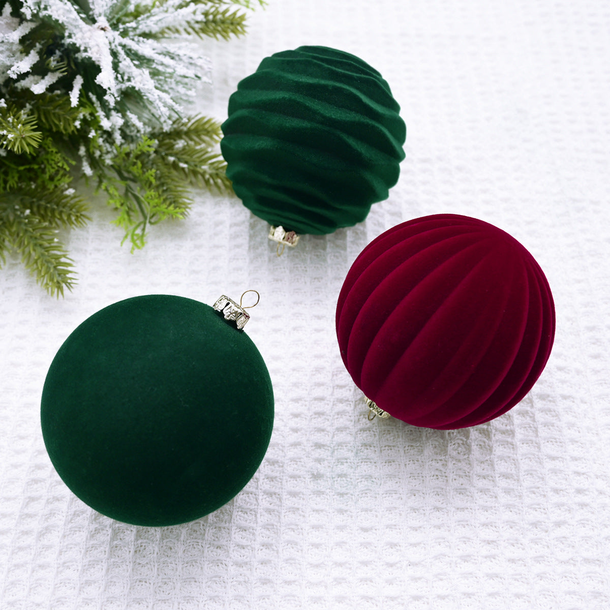 Christmas Flocking Ball Decorations Set - Red, Green, Blue, 8-12cm