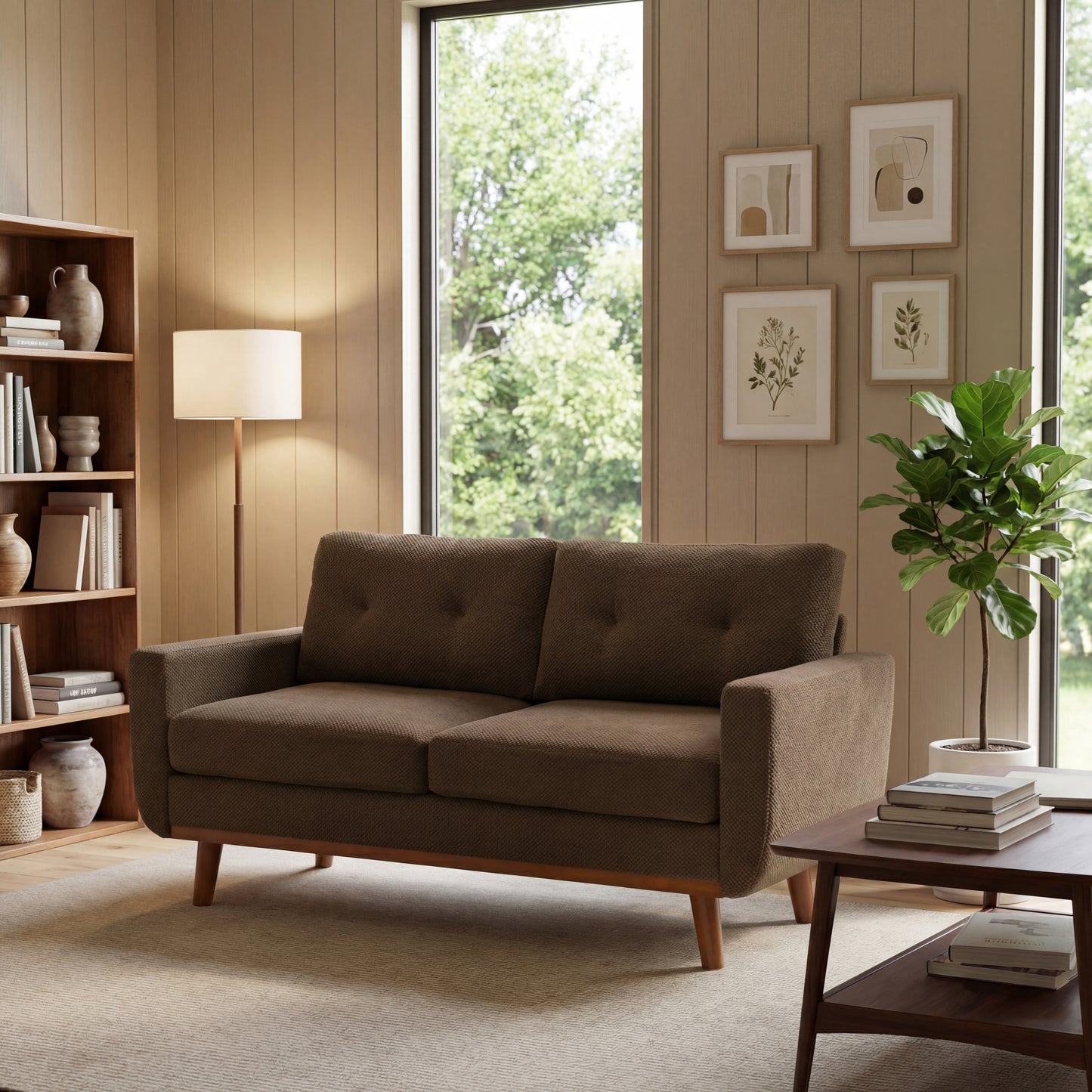 65-Inch Modern Minimalist Loveseat with Nubby Upholstery - Coffee
