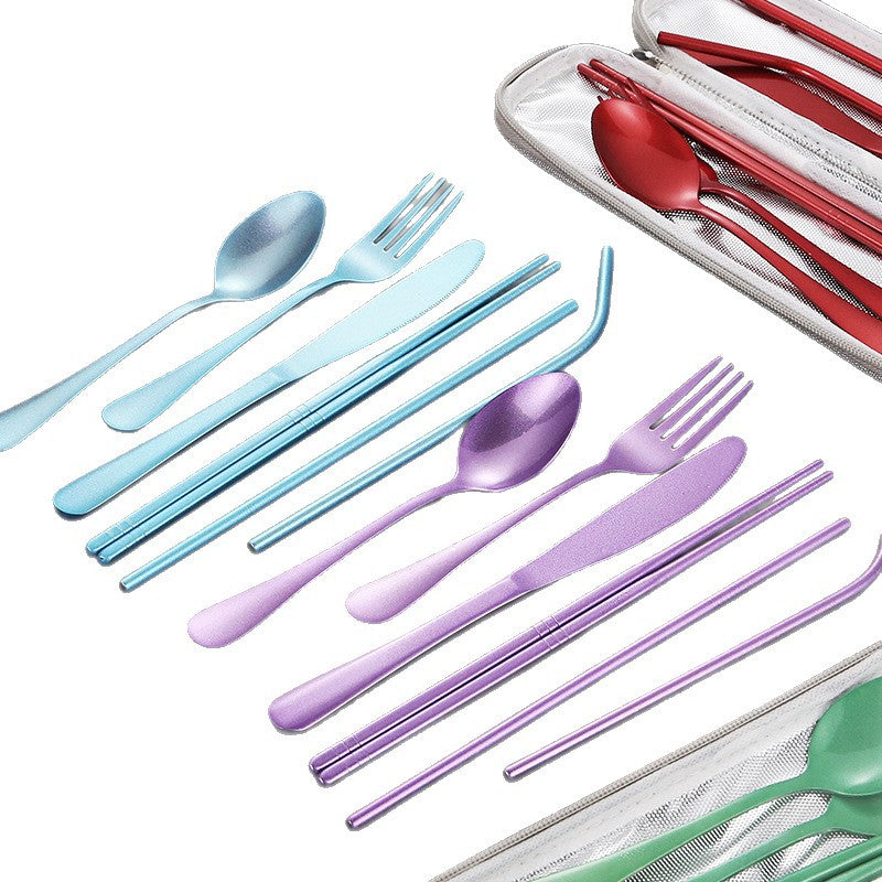 Portable Stainless Steel Cutlery Set - Multi-Color, 8-Piece Travel Dinnerware