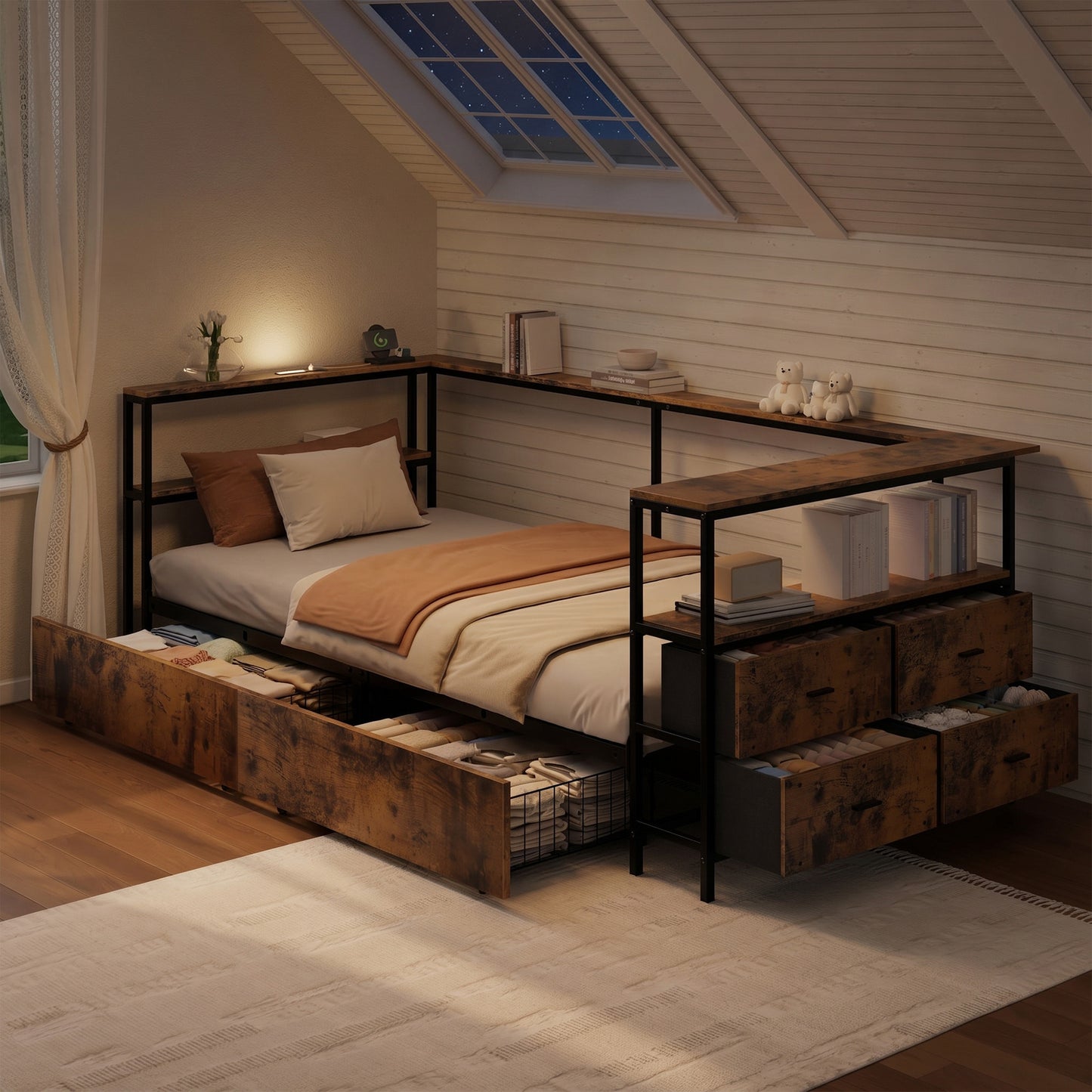 Twin Corner Daybed with Storage Drawers - Black Metal Frame