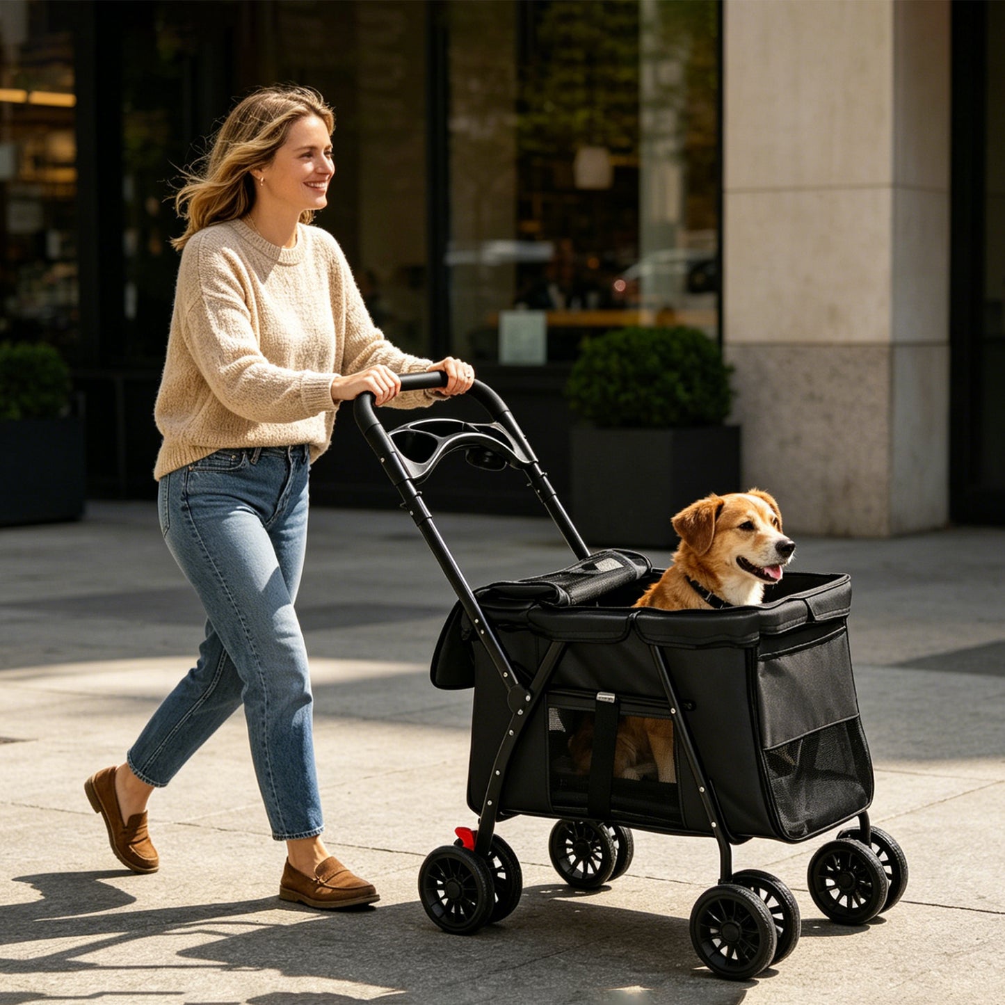 Foldable Pet Stroller for Small Medium Dogs Cats with Mesh Sides & Safety Leashes