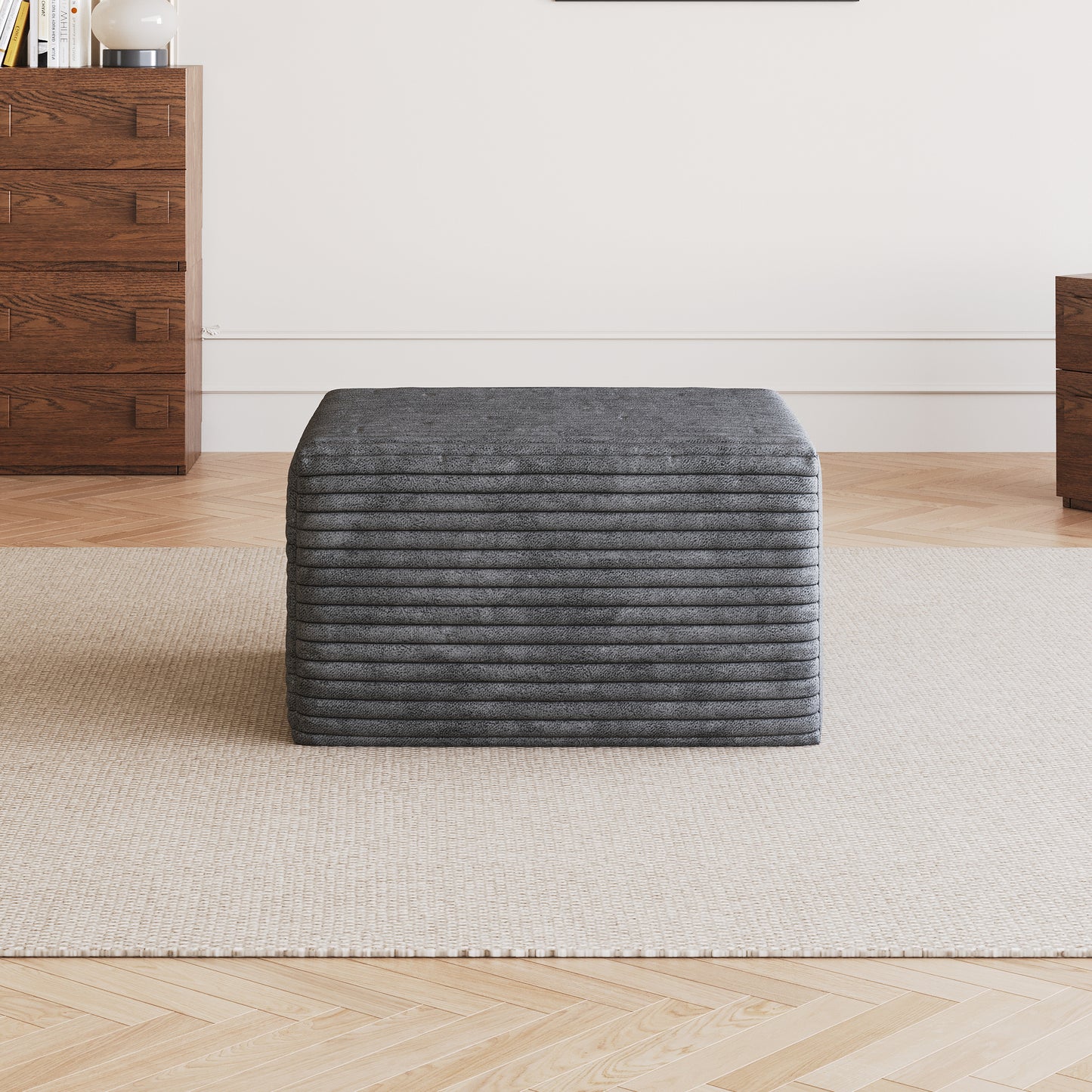 Dark Grey Plush Corduroy Sofa Ottoman - No Assembly Required