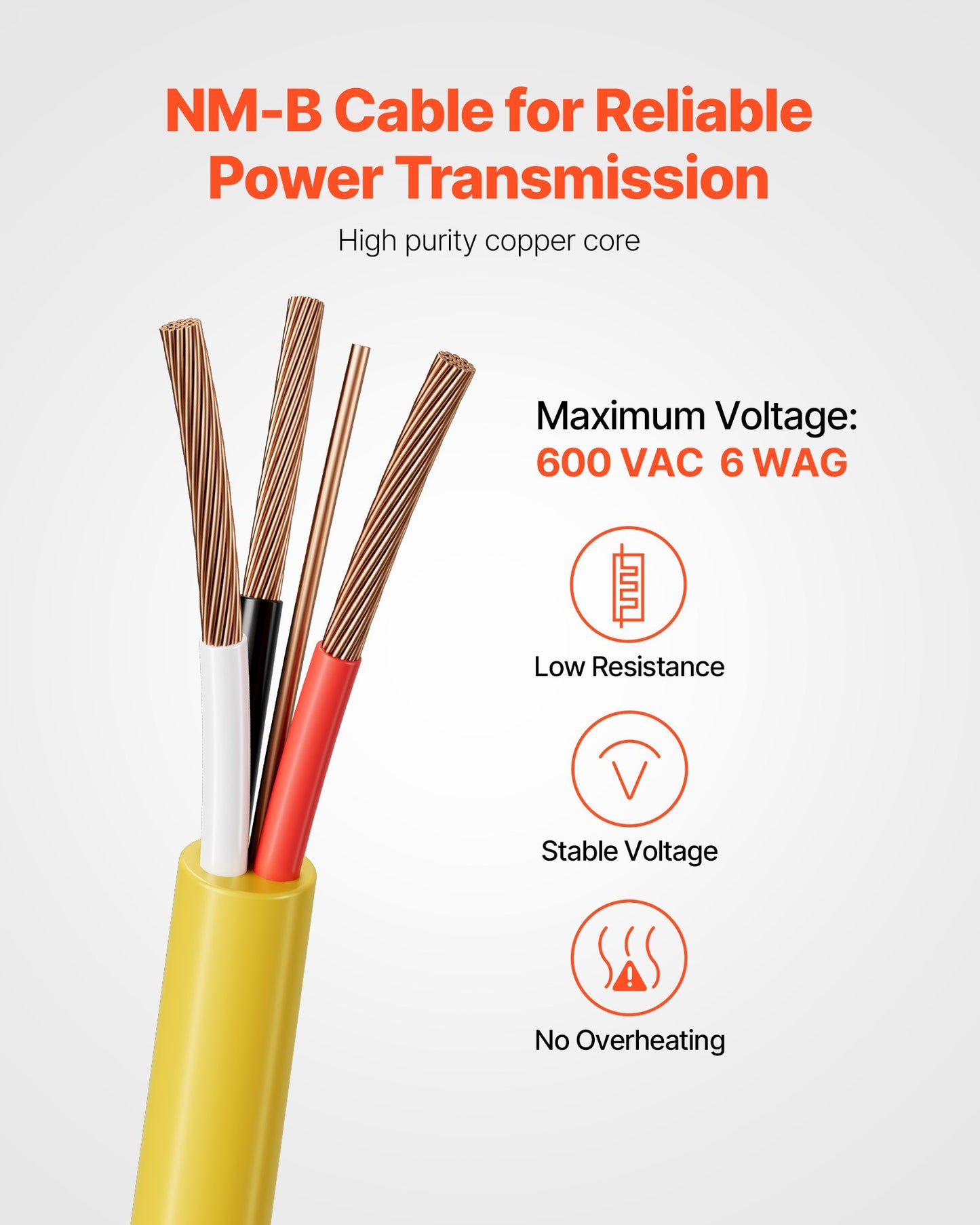 6AWG Copper Core Electrical Wire 50Ft with Ground - Yellow Insulated Cable