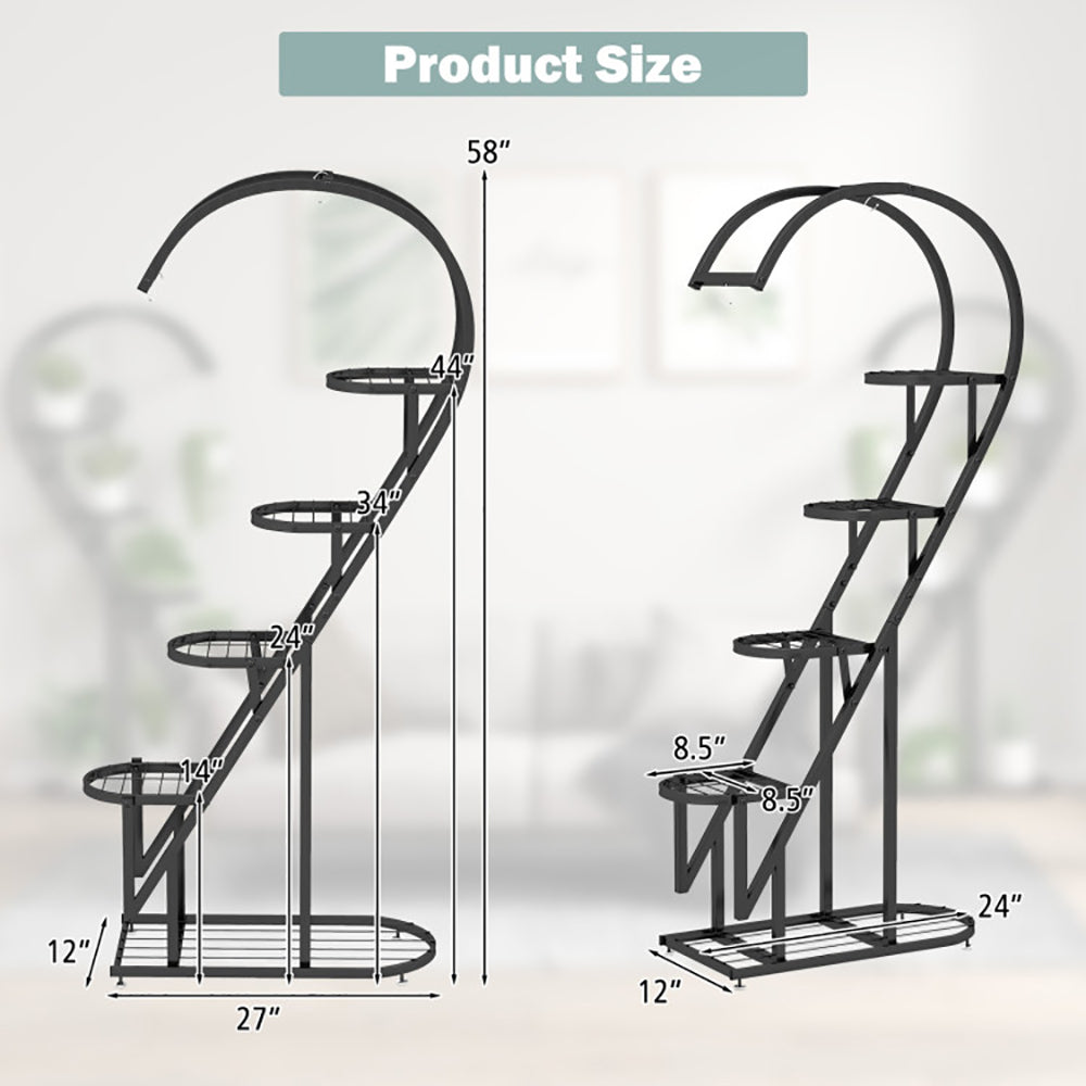 5-Tier Metal Plant Stand with Hanging Hooks - Indoor Outdoor Garden Display