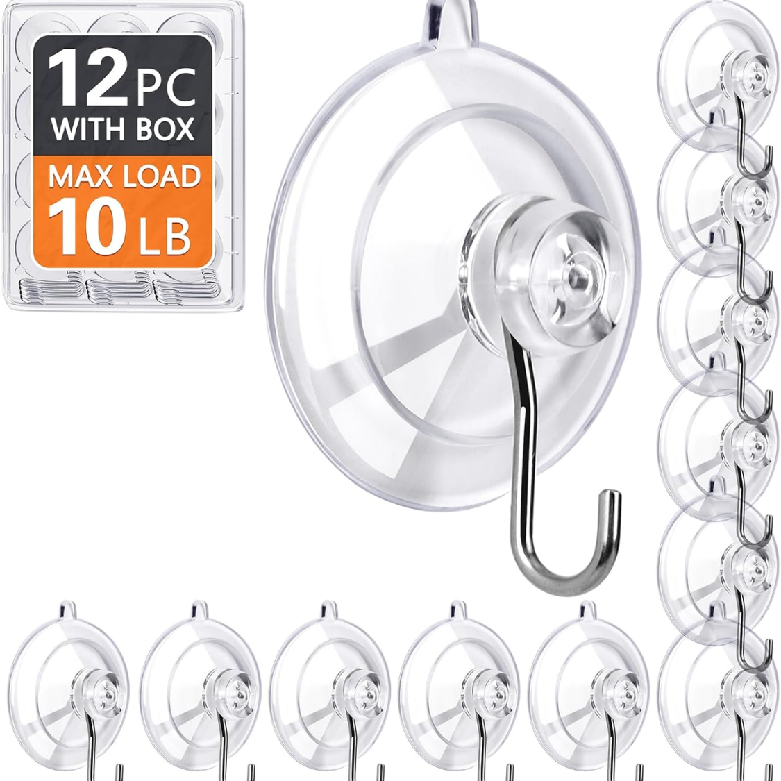 Suction Cup Hooks - 12 Pack Clear Medium Reusable Hooks