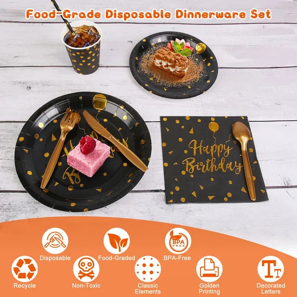 201PCS Black Gold Birthday Party Supplies Set for 25 Guests