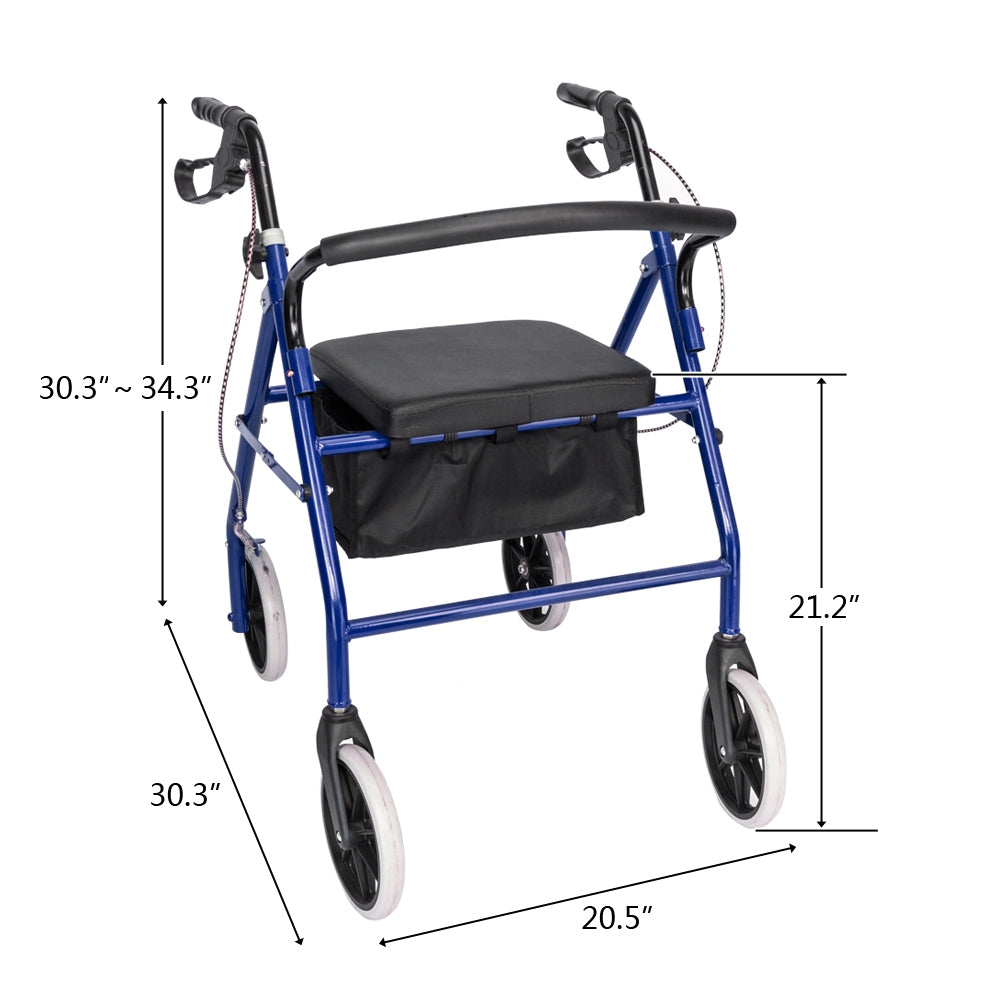 Adjustable Rolling Medical Walker with Padded Seat and Storage - Black & Blue
