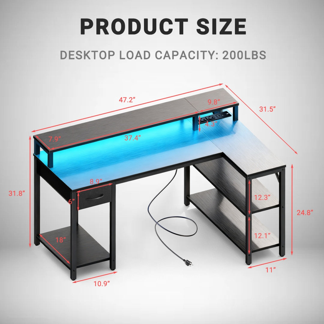 L-Shaped Gaming Table with USB Charging & LED Light
